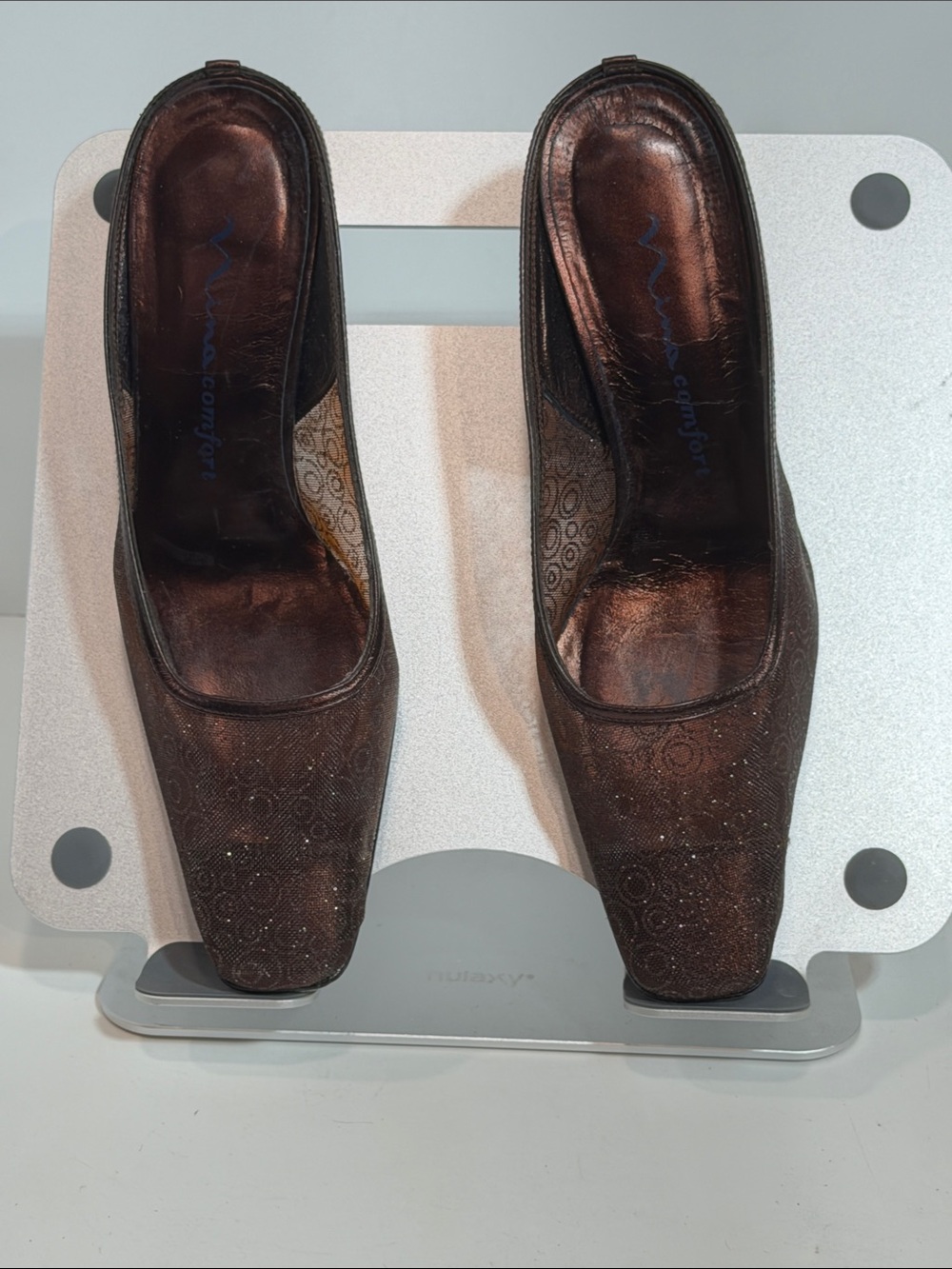 Nina Comfort Coco Bronze Moet Glitter Mesh Square Chisel Toe Mules Heels